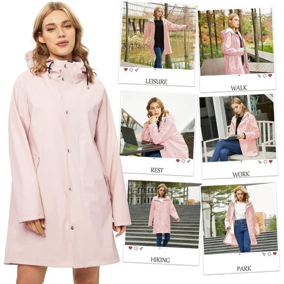 Women’s Upgrade Pink Waterproof Rain Jackets Hooded Long Raincoat & Windbreaker - Picture 5 of 5